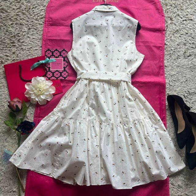 【美品】kate spade 総柄シャツワンピース ホワイト 蜂 M フレア