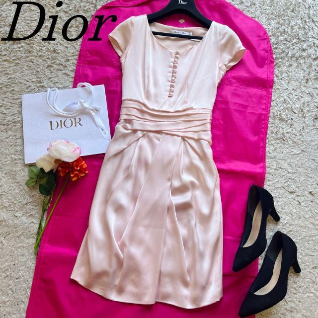 【美品】Christian Dior サテンドレス ピンク 半袖 膝丈 ギャザー