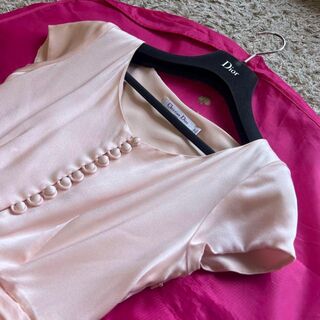 【美品】Christian Dior サテンドレス ピンク 半袖 膝丈 ギャザー