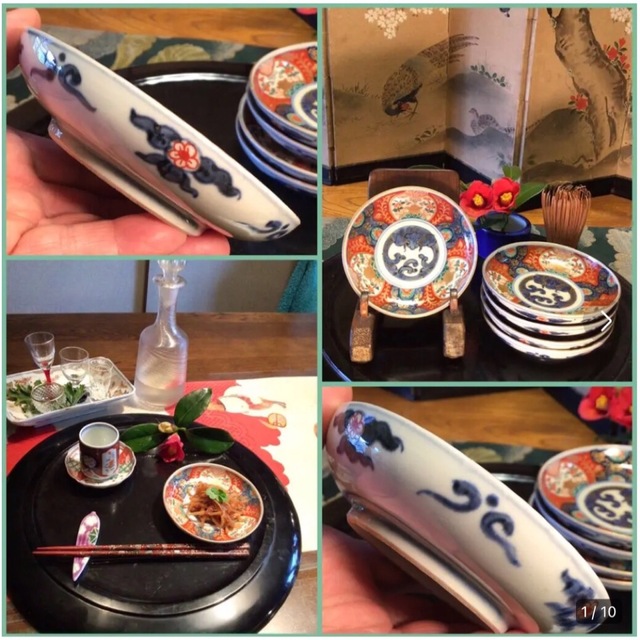 A658 大聖寺伊万里 赤絵 波兎紋様 『冨貴長春』小皿 5枚 A658 大聖寺伊万里 赤絵 波兎紋様 『冨貴長春』小皿 5枚