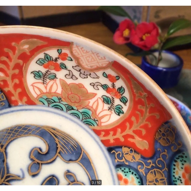 A658 大聖寺伊万里 赤絵 波兎紋様 『冨貴長春』小皿 5枚 A658 大聖寺伊万里 赤絵 波兎紋様 『冨貴長春』小皿 5枚
