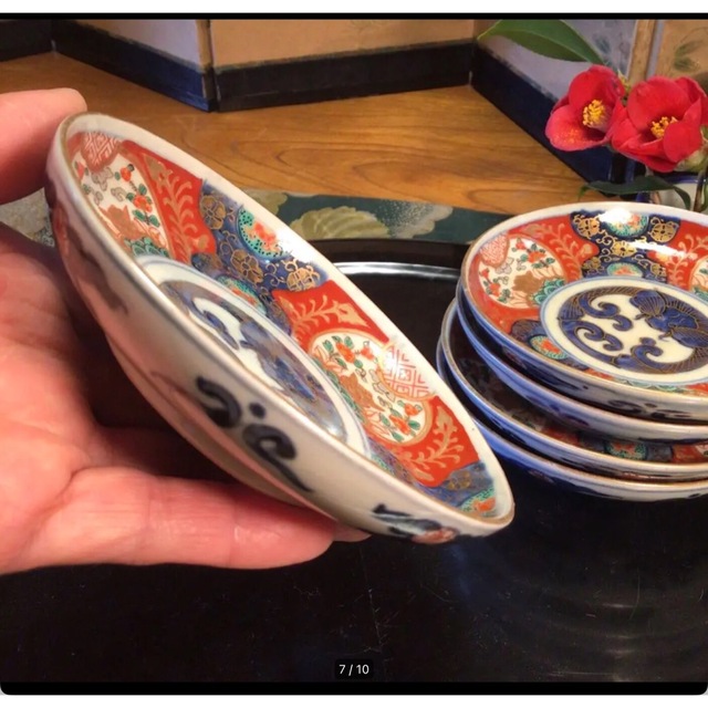 A658 大聖寺伊万里 赤絵 波兎紋様 『冨貴長春』小皿 5枚 A658 大聖寺伊万里 赤絵 波兎紋様 『冨貴長春』小皿 5枚