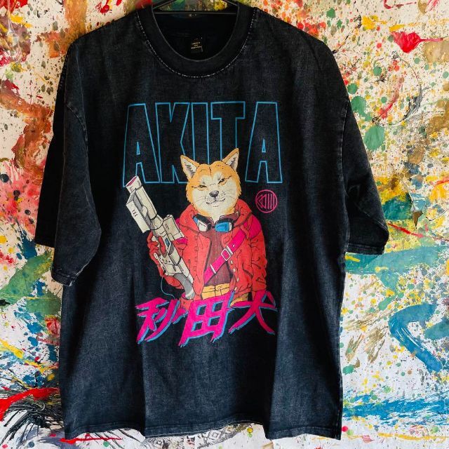 秋田犬 AKIRA Tシャツ 半袖 ケミカルウォッシュ  黒XL メンズ