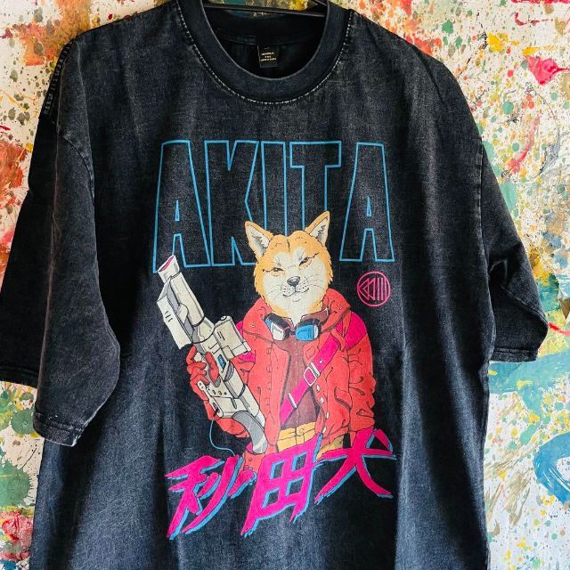 秋田犬 AKIRA Tシャツ 半袖 ケミカルウォッシュ  黒XL メンズ 1