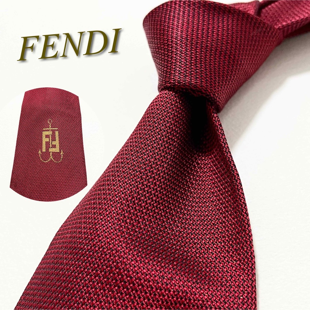 【美品】FENDI ソリッドタイ 無地 刺繍 シルク イタリア製 ボルドー