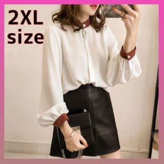 2XL 白 ホワイト バイカラーブラウス レディース フォーマル 入学式 入園式(シャツ/ブラウス(長袖/七分))