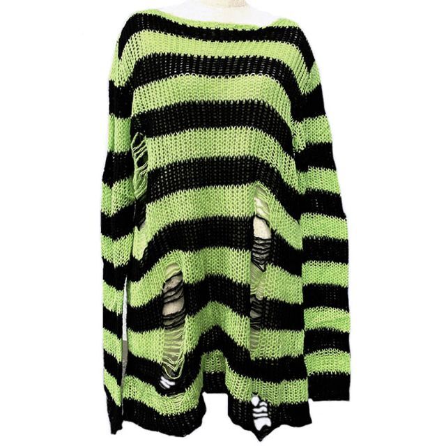 ダメージボーダーニットセーター 黄緑×黒 グランジパンクロック韓国ファッション