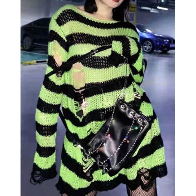 ダメージボーダーニットセーター 黄緑×黒 グランジパンクロック韓国ファッション