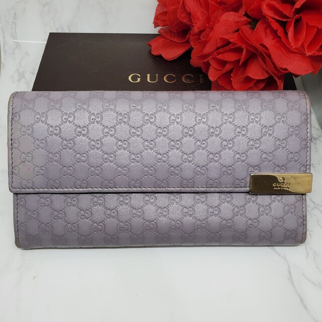 美品】 GUCCI グッチ マイクロ シマ 長財布 財布 ロゴ 金具 GG 紫-