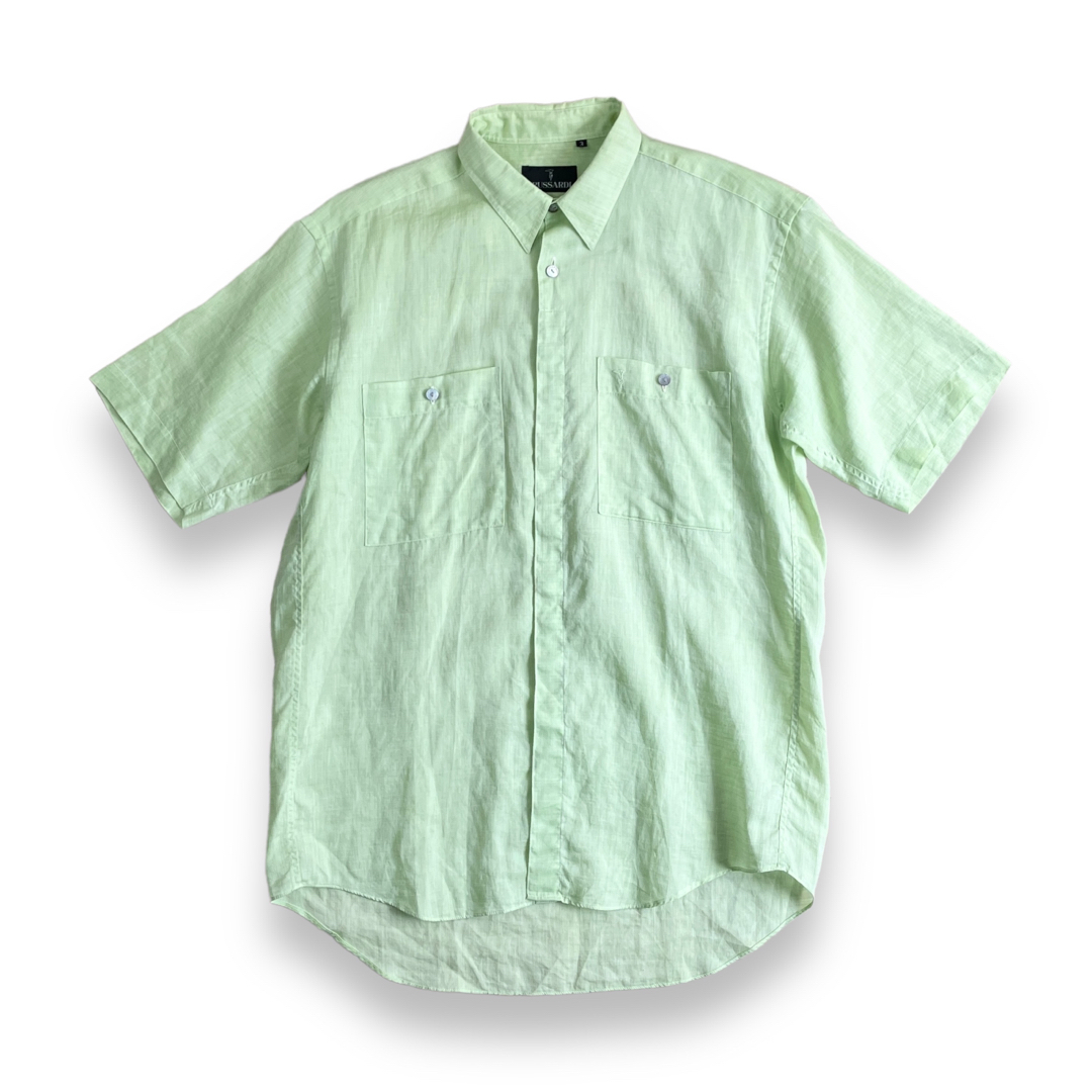 90s トラサルディ　ヴィンテージリネンシャツ　シェルボタン　半袖　麻　グリーン
