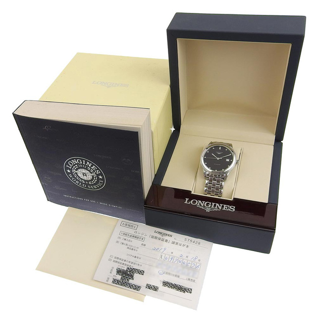 【本物保証】 箱・保付 超美品 ロンジン LONGINES フラッグシップ メンズ 腕時計 13Pダイヤモンド デイト 黒文字盤 裏スケ L4 974  4 576