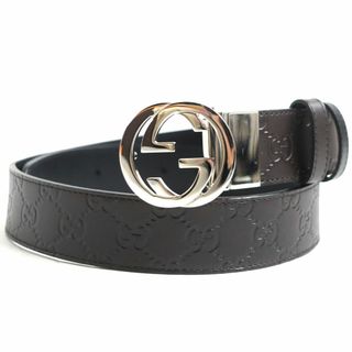 極美品 GUCCI インターロッキング レザーベルト GGキャンバス-