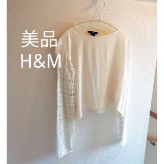 エイチアンドエム(H&M)の美品 シースルー レース 長袖 ブラウス シャツ ショート丈 白 ホワイト 刺繍(シャツ/ブラウス(長袖/七分))