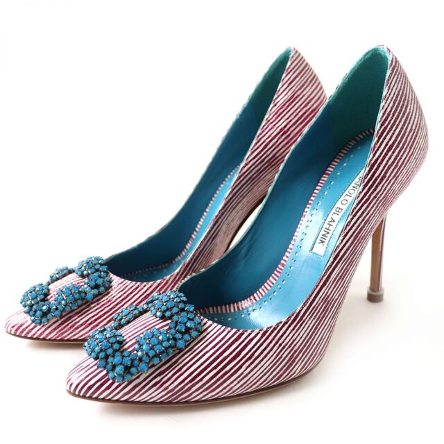 MANOLO BLAHNIK(マノロブラニク)の美品◎伊製 MANOLO BLAHNIK マノロ ブラニク ハンギシ ビジュー装飾 ポインテッドトゥ リザード型押し パンプス 赤×白 ストライプ柄 36　m16-st30220-963 レディースの靴/シューズ(ハイヒール/パンプス)の商品写真