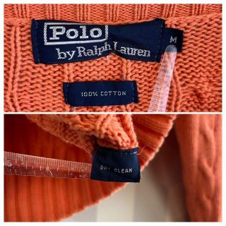 【90sポロラルフローレン】XL相当刺繍ロゴケーブル編みコットンニット オレンジ