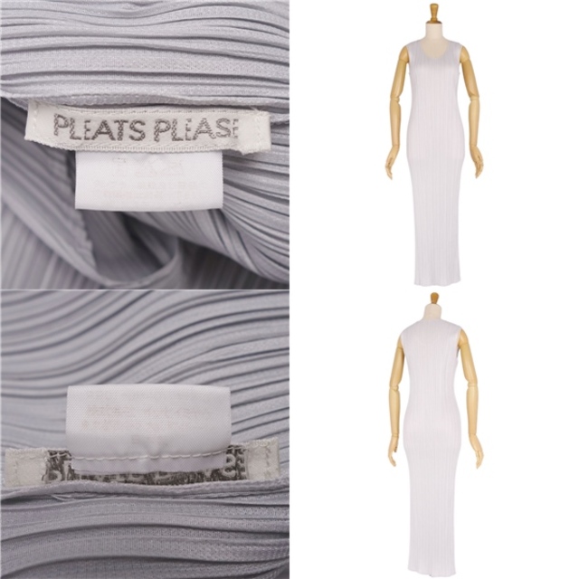 PLAIN CLOTHING(プレーンクロージング)の美品 プリーツプリーズ イッセイミヤケ PLEATS PLEASE ワンピース ドレス ノースリーブ 無地 プリーツ トップス レディース 3(L相当) ライトグレー レディースのワンピース(ひざ丈ワンピース)の商品写真