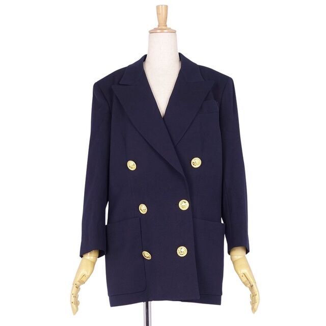 美品 Vintage セリーヌ CELINE ジャケット ダブルブレスト マカダムボタン ウール アウター レディース フランス製 38(M相当) ネイビー