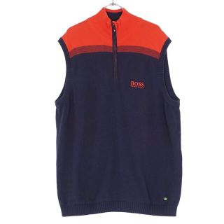 ヒューゴボス(HUGO BOSS)のヒューゴボス HUGO BOSS GREEN ニット セーター ハーフジップ ノースリーブ コットン ゴルフウェア トップス メンズ XL ネイビー/オレンジ(ニット/セーター)