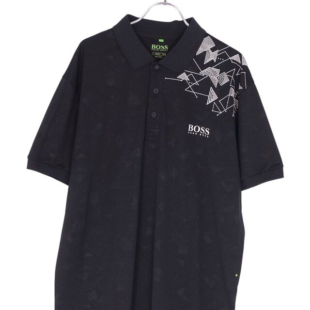 美品 ヒューゴボス HUGO BOSS GREEN シャツ ポロシャツ 総柄 ジャージー ゴルフウェア トップス メンズ XXL ブラック
