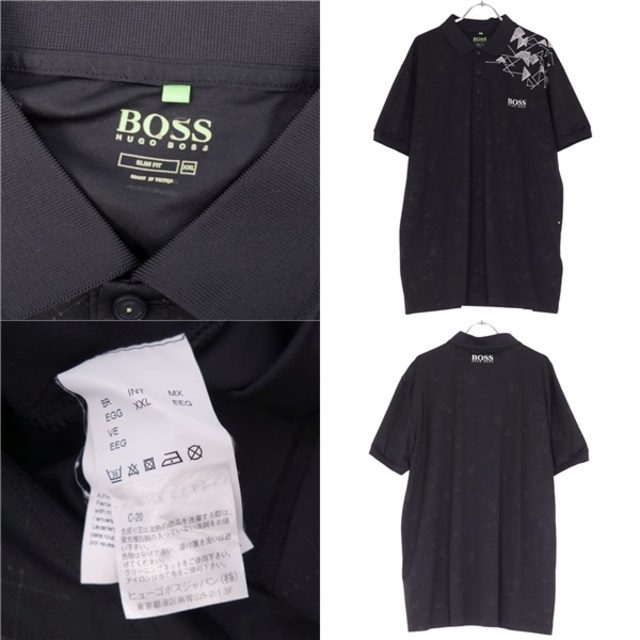 HUGO BOSS(ヒューゴボス)の美品 ヒューゴボス HUGO BOSS GREEN シャツ ポロシャツ 総柄 ジャージー ゴルフウェア トップス メンズ XXL ブラック メンズのトップス(シャツ)の商品写真