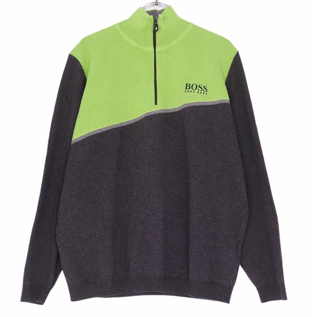 HUGO BOSS(ヒューゴボス)の美品 ヒューゴボス HUGO BOSS GREEN ニット セーター ロングスリーブ ハーフジップ ゴルフウェア トップス メンズ XL グレー/グリーン メンズのトップス(ニット/セーター)の商品写真