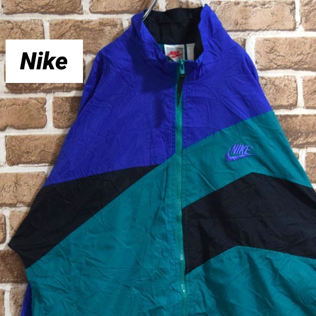 ナイキ》90s銀タグ 刺繍ロゴ 青×グリーン系×黒 L ナイロンジャケット