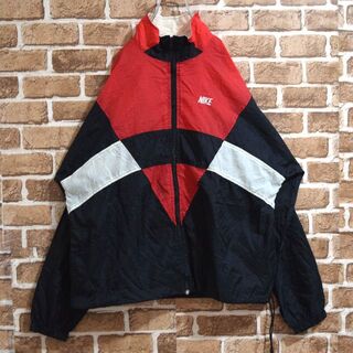 《ナイキ》90s銀タグ　刺繍ロゴ　青×黒×赤　Lサイズ　ナイロンジャケット