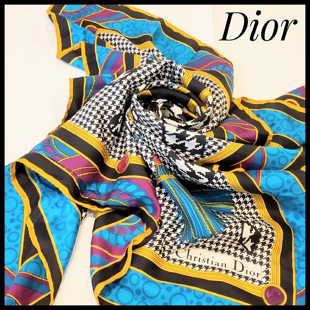 希少品【Dior】ヴィンテージ 大判 スカーフ 千鳥格子 ブルー 輝い 51.0