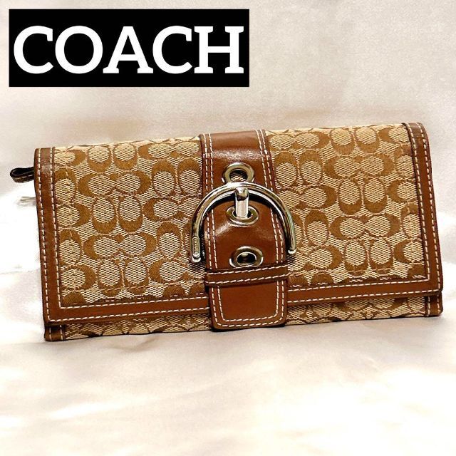 美品 COACH コーチ ロゴ 長財布 コットン 革ベルト ブラウン | フリマアプリ ラクマ