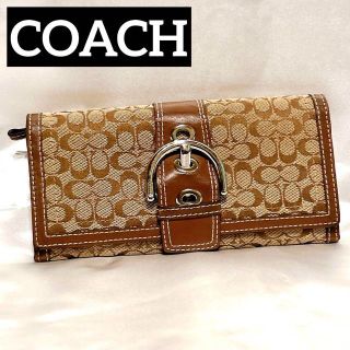 美品 COACH コーチ ロゴ 長財布 コットン 革ベルト ブラウン