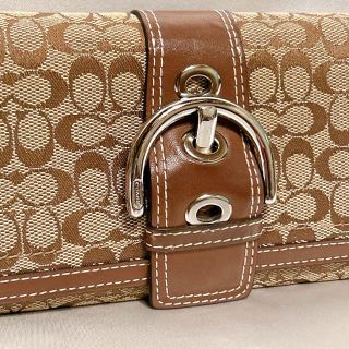 COACH - 美品 COACH コーチ ロゴ 長財布 コットン 革ベルト ブラウンの