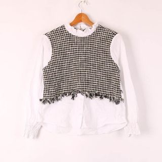 ザラ(ZARA)のザラ 長袖ブラウス シャツ ツイードチェック フリル襟 コットン トップス レディース USA XSサイズ ホワイト ZARA(シャツ/ブラウス(長袖/七分))