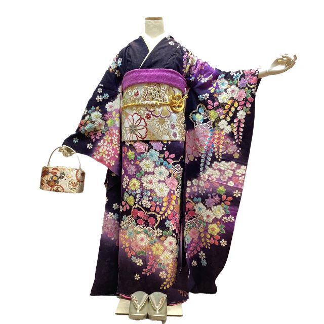 振袖 お仕立て付き 正絹 辻が花総絞り 濃紫地花模様 新品 hr202t 振袖 お仕立て付き 正絹 辻が花総絞り 濃紫地花模様 新品 hr202t