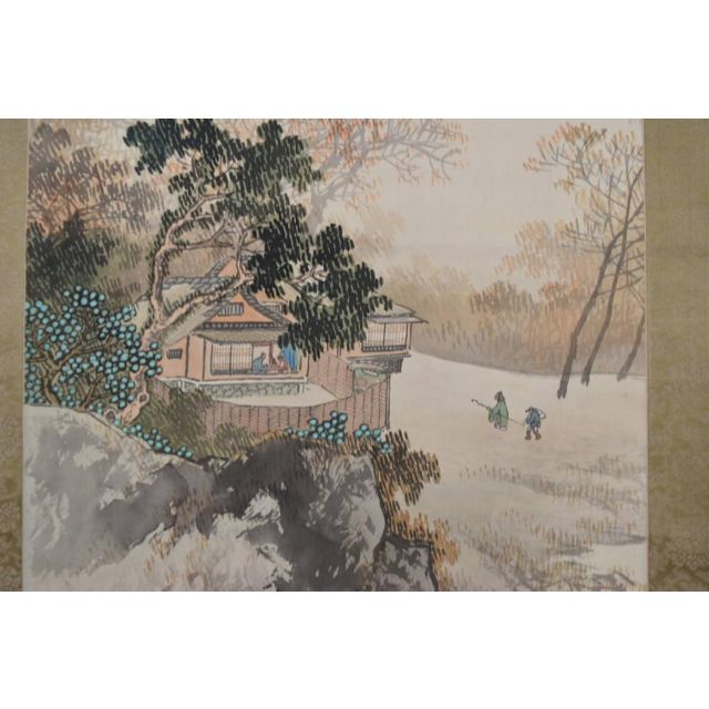 真作】山田敬中/春景山水訪中図/春景訪友図/掛軸☆宝船☆AB-385-