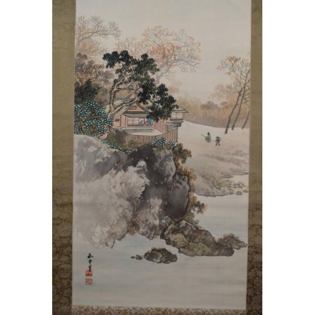 真作】山田敬中/春景山水訪中図/春景訪友図/掛軸☆宝船☆AB-385-