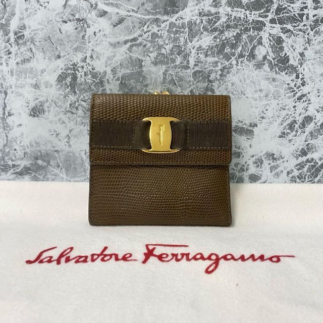 FERRAGAMO フェラガモ がま口付 折り財布 ブラウン ゴールド金具