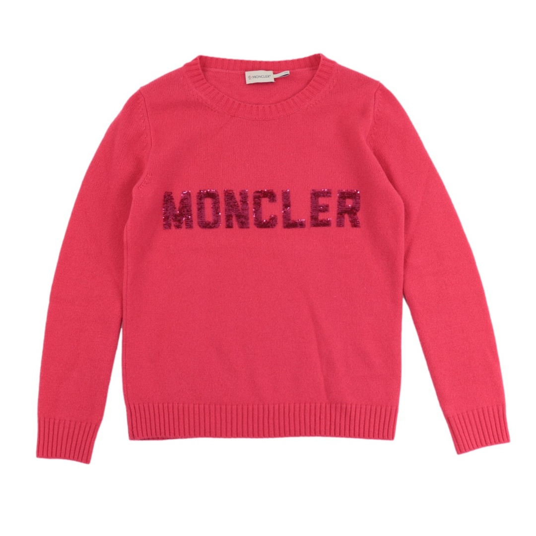 美品 モンクレール 19年 MAGLIONE スパンコールロゴニット セーター レディース ピンク XS カシミヤ混 MONCLER