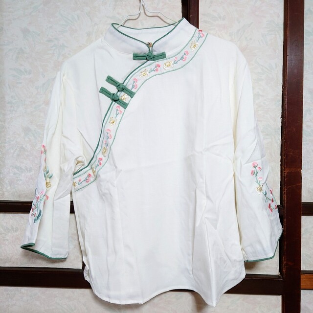 チャイナ ブラウス トップス 七分袖 白 花 刺繍 2