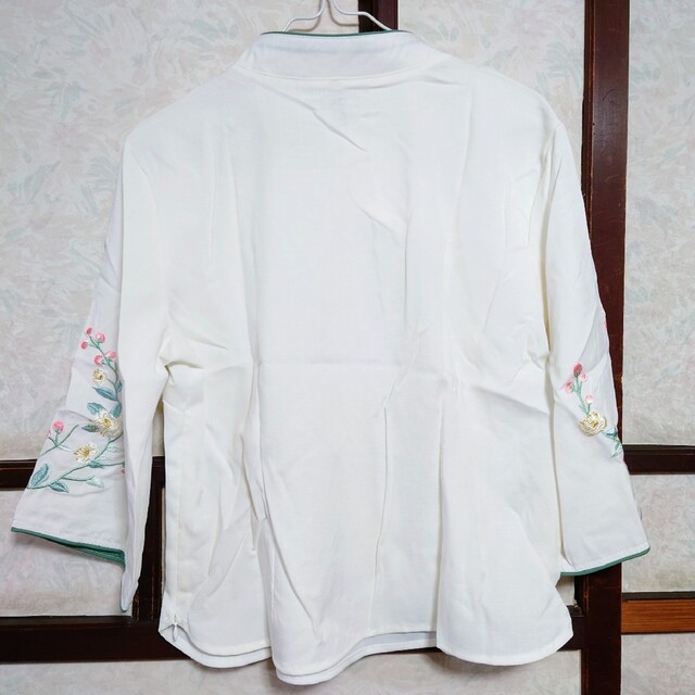 チャイナ ブラウス トップス 七分袖 白 花 刺繍 3