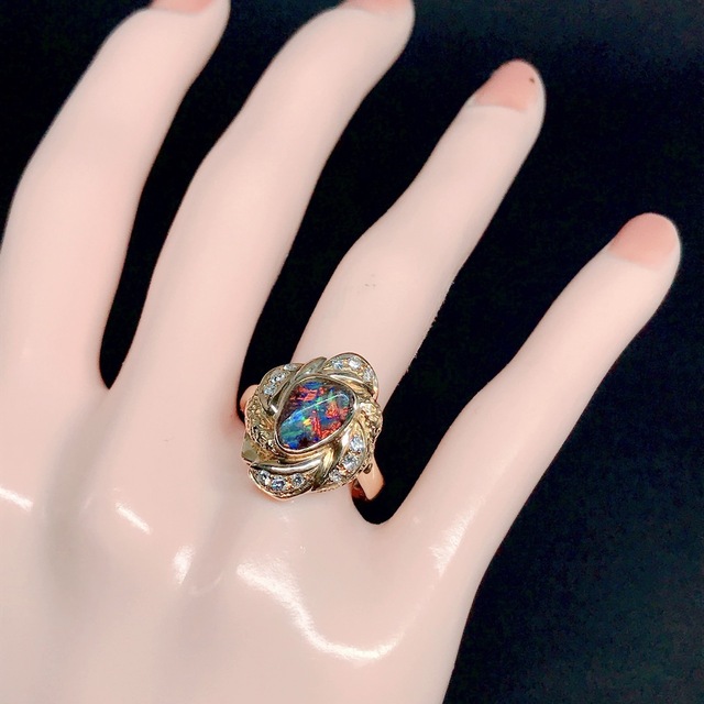 ボルダーオパール 1.44ct ダイヤモンド 0.21ct リング K18 遊色 レディースのアクセサリー(リング(指輪))の商品写真