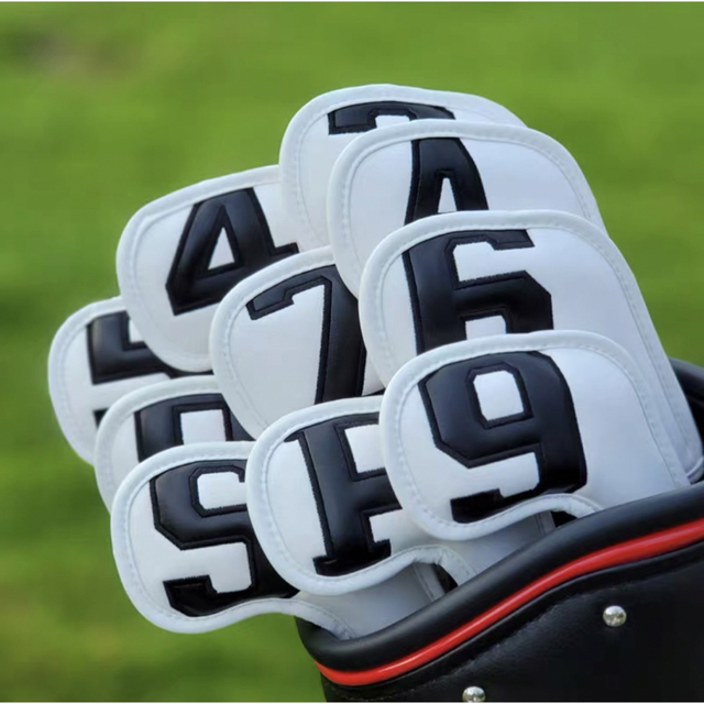 【新品10枚セット】ゴルフ黒色数字アイアンカバー マレット磁石タイプシンプル　白