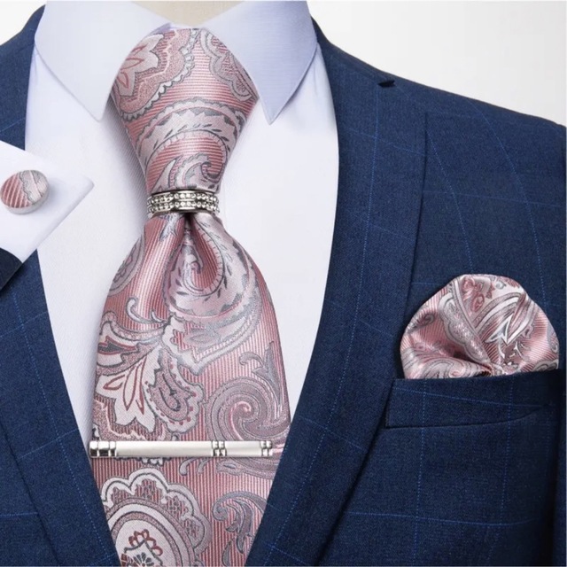 【5点セット】ネクタイペイズリーストライプ結婚式リングピンピンク銀シルバー メンズのファッション小物(ネクタイ)の商品写真