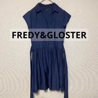 フレディアンドグロスター(FREDY & GLOSTER)の2241 FREDY&GLOSTER 襟付きロングワンピース ネイビー シルク混(ひざ丈ワンピース)