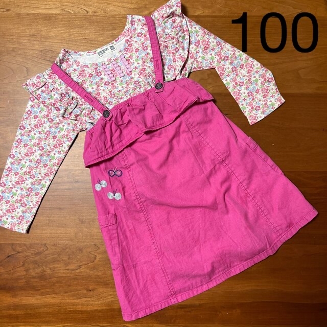 RAG MART(ラグマート)のピンク　花柄　長袖カットソー　スカート　100センチ　セット キッズ/ベビー/マタニティのキッズ服女の子用(90cm~)(Tシャツ/カットソー)の商品写真