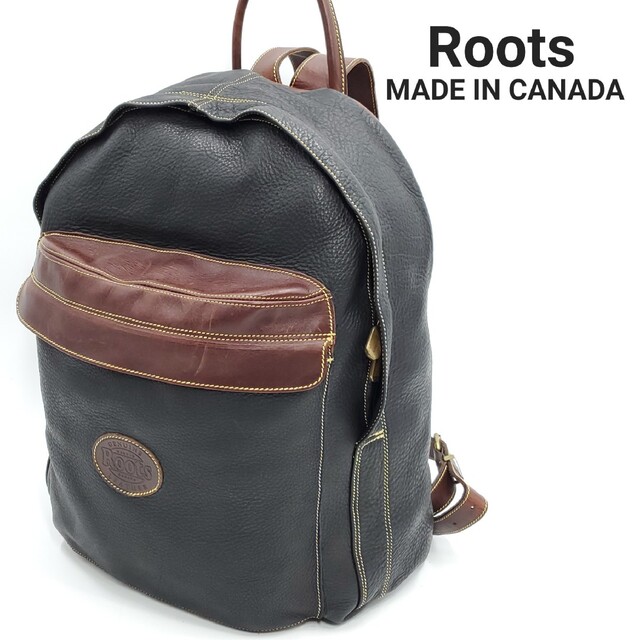 定価5万以上カナダ製◆Roots◆大容量オールレザーリュック黒茶ツートン 582