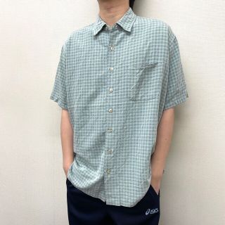 【中古】 VANHEUSEN レーヨン×ポリエステル シャツ チェック柄 半袖 ショートスリーブ サイズ：17 1/2-18 ブルーグリーン系 古着 中古 mellow ゆうパケット対応(シャツ)