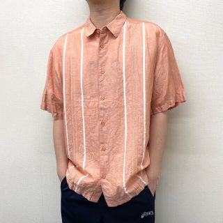 【中古】 Cafe Luna 半袖 シャツ ショートスリーブ ステッチ ライン入り サイズ：XL サーモンピンク系 古着 中古 mellow ゆうパケット対応(シャツ)