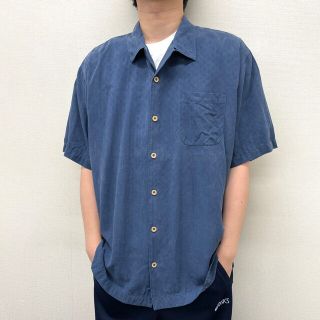 【中古】 Tommy Bahama 開襟 シャツ ストライプ柄 半袖 ショートスリーブ ヤシの木 刺繍 サイズ：XL ネイビー 古着 中古 mellow ゆうパケット対応(シャツ)