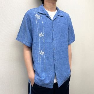 【中古】 HAGGAR 開襟 リネン×レーヨン シャツ 半袖 ショートスリーブ ヤシの木 刺繍 サイズ：XL ブルー系 古着 中古 mellow ゆうパケット対応(シャツ)