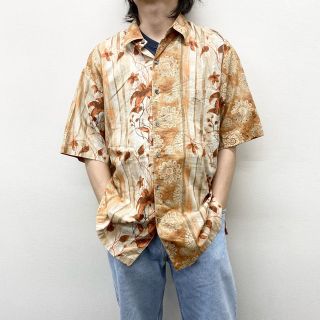 USA製 トリリチャード 総柄シャツ リーフ柄 シェルボタン 青色 L 半袖